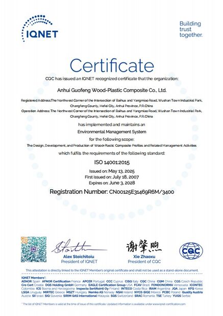 China AnHui Guofeng Wood-Plastic Composite Co., Ltd zertifizierungen