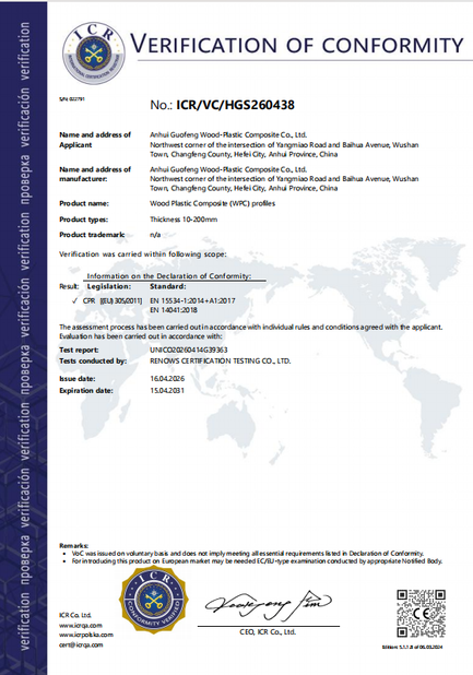 China AnHui Guofeng Wood-Plastic Composite Co., Ltd zertifizierungen