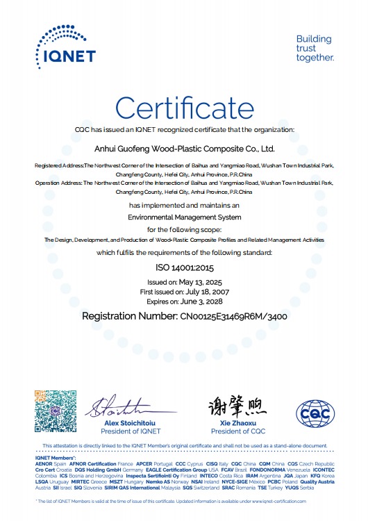 China AnHui Guofeng Wood-Plastic Composite Co., Ltd Zertifizierungen